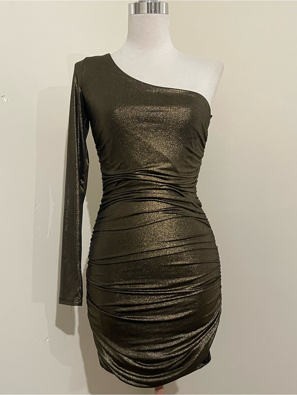 Forever 21 Metallic Olive One-Shoulder Ruched Mini Dress